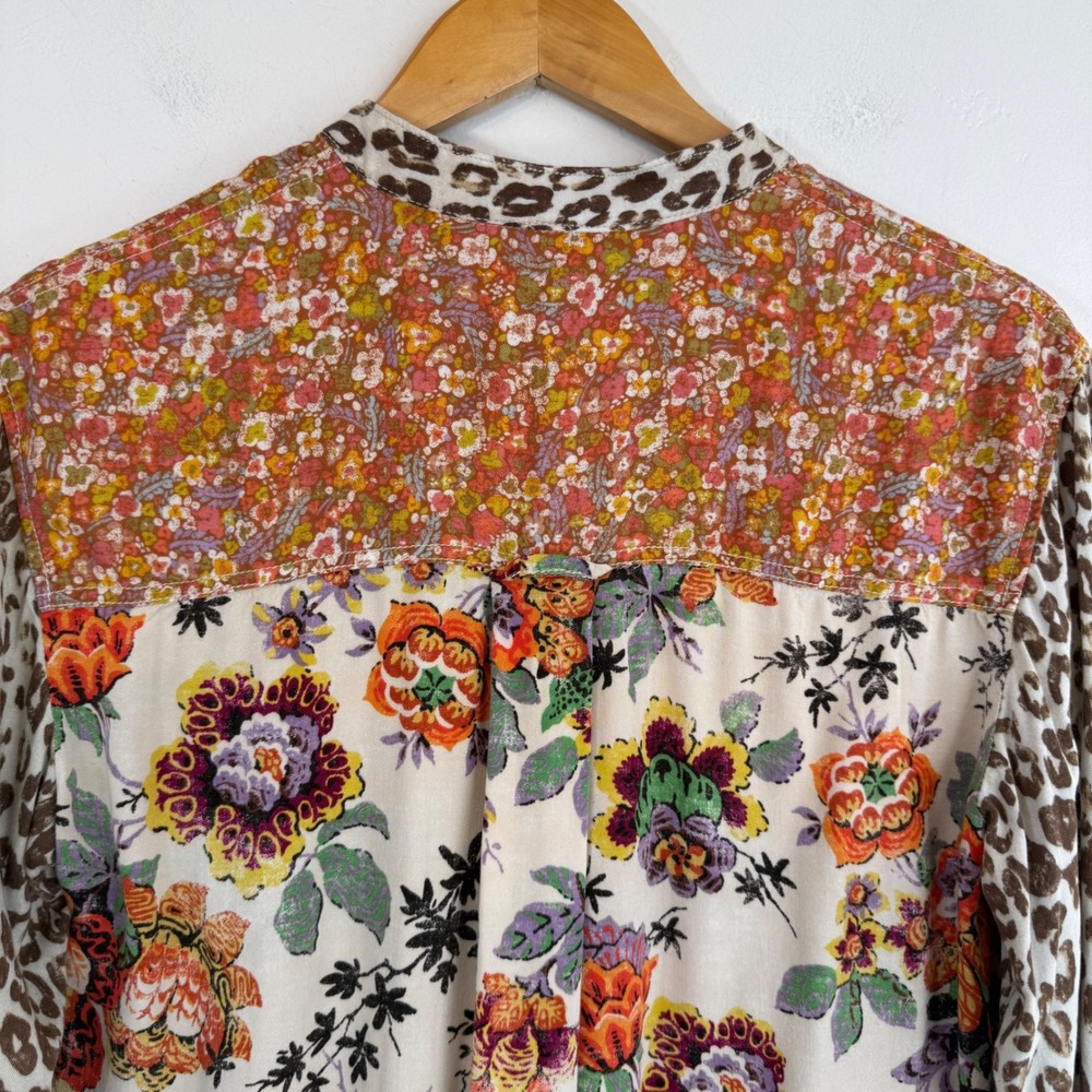 Pilcro Anthropologie Patchwork Shirt Leopard Floral Mixed Print XS Boho Eclectic - Picture 5 of 14